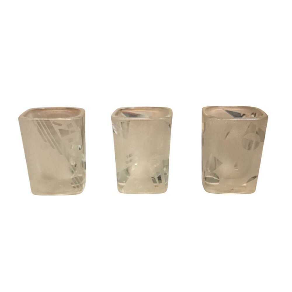 Set Of 3 Frosted Clear Glass Square Votive Candle Holders With Etched Geometric